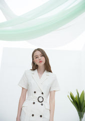 Double-Breasted Linen Midi Dress with Notch Lapel and Waist Tie for Sophisticated Summer Style