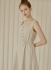 Sleeveless Linen Midi Dress with Square Neckline, Button Front, and Gathered Waist Detail