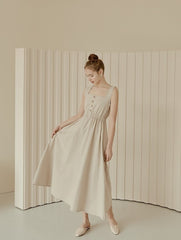 Sleeveless Linen Midi Dress with Square Neckline, Button Front, and Gathered Waist Detail