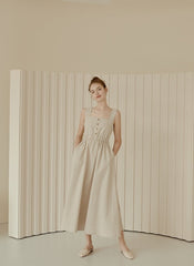 Sleeveless Linen Midi Dress with Square Neckline, Button Front, and Gathered Waist Detail