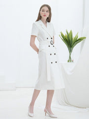 Double-Breasted Linen Midi Dress with Notch Lapel and Waist Tie for Sophisticated Summer Style