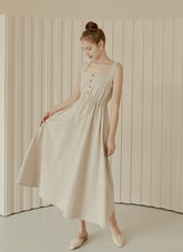Sleeveless Linen Midi Dress with Square Neckline and Elastic Waist for Effortless Elegance