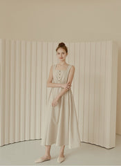 Sleeveless Linen Midi Dress with Square Neckline, Button Front, and Gathered Waist Detail