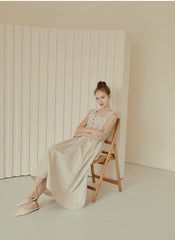 Sleeveless Linen Midi Dress with Square Neckline and Elastic Waist for Effortless Elegance