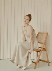 Sleeveless Linen Midi Dress with Square Neckline, Button Front, and Gathered Waist Detail