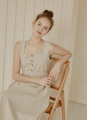 Sleeveless Linen Midi Dress with Square Neckline, Button Front, and Gathered Waist Detail