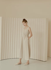 Sleeveless Linen Midi Dress with Square Neckline, Button Front, and Gathered Waist Detail