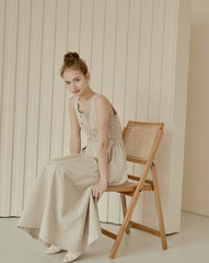 Sleeveless Linen Midi Dress with Square Neckline and Elastic Waist for Effortless Elegance