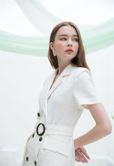 Double-Breasted Linen Midi Dress with Notch Lapel and Waist Tie for Sophisticated Summer Style