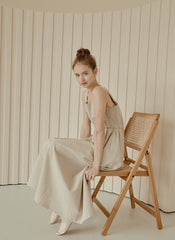 Sleeveless Linen Midi Dress with Square Neckline, Button Front, and Gathered Waist Detail