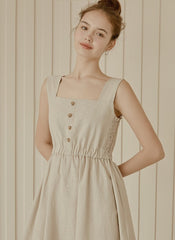 Sleeveless Linen Midi Dress with Square Neckline and Elastic Waist for Effortless Elegance