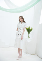 Double-Breasted Linen Midi Dress with Notch Lapel and Waist Tie for Sophisticated Summer Style