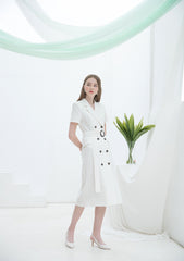 Double-Breasted Linen Midi Dress with Notch Lapel and Waist Tie for Sophisticated Summer Style