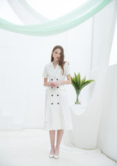 Double-Breasted Linen Midi Dress with Notch Lapel and Waist Tie for Sophisticated Summer Style