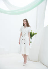 Double-Breasted Linen Midi Dress with Notch Lapel and Waist Tie for Sophisticated Summer Style