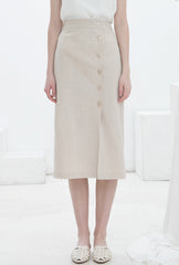High-Waisted Linen Midi Skirt with Button-Front Closure and Straight Silhouette for Chic Styling