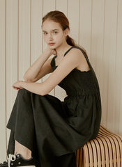 Sleeveless Linen Midi Dress with Square Neckline, Elastic Waist, and Buttoned Back Detail