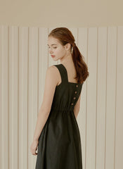 Sleeveless Linen Midi Dress with Square Neckline, Elastic Waist, and Buttoned Back Detail