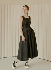 Sleeveless Linen Midi Dress with Square Neckline, Elastic Waist, and Buttoned Back Detail