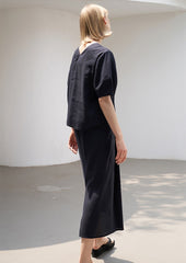 High-Waisted Linen Midi Skirt with Back Vent and Overlap Detail for Elegant Comfort