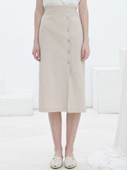 High-Waisted Linen Midi Skirt with Button-Front Closure and Straight Silhouette for Chic Styling