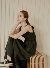 Sleeveless Linen Midi Dress with Square Neckline, Elastic Waist, and Buttoned Back Detail