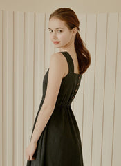 Sleeveless Linen Midi Dress with Square Neckline, Elastic Waist, and Buttoned Back Detail