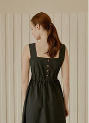 Sleeveless Linen Midi Dress with Square Neckline, Elastic Waist, and Buttoned Back Detail