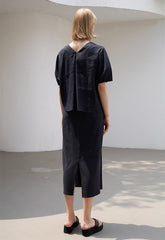 High-Waisted Linen Midi Skirt with Back Vent and Overlap Detail for Elegant Comfort