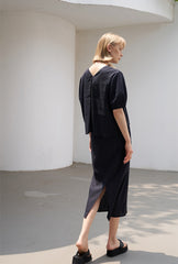 High-Waisted Linen Midi Skirt with Back Vent and Overlap Detail for Elegant Comfort