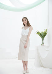 High-Waisted Linen Midi Skirt with Button-Front Closure and Straight Silhouette for Chic Styling