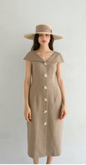 Linen Midi Dress With Wide Collar Neckline And Front Button Closure