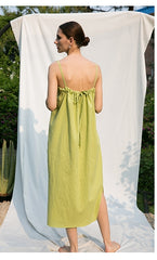 Sleeveless Square Neck Midi Dress in Lightweight Linen with Adjustable Back Tie Detail