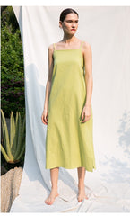Sleeveless Square Neck Midi Dress in Lightweight Linen with Adjustable Back Tie Detail
