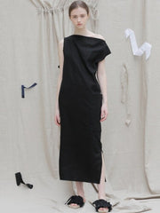 One-Shoulder Asymmetrical Midi Dress in Pure Linen with Side Slit and Modern Drape