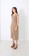 Linen Midi Dress With Wide Collar Neckline And Front Button Closure