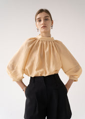 Gathered High-Neck Linen Blouse with Voluminous Sleeves and Relaxed Fit for Modern Elegance