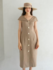 Linen Midi Dress With Wide Collar Neckline And Front Button Closure