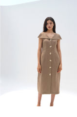 Linen Midi Dress With Wide Collar Neckline And Front Button Closure