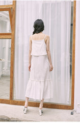 Mid-Length Flared Linen Skirt with Layered Hem and Adjustable Side Ties