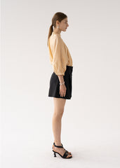 Gathered High-Neck Linen Blouse with Voluminous Sleeves and Relaxed Fit for Modern Elegance