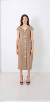 Linen Midi Dress With Wide Collar Neckline And Front Button Closure
