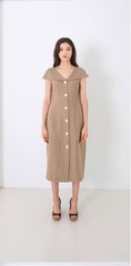 Linen Midi Dress With Wide Collar Neckline And Front Button Closure