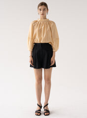 Gathered High-Neck Linen Blouse with Voluminous Sleeves and Relaxed Fit for Modern Elegance