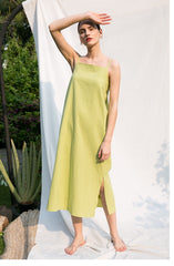 Sleeveless Square Neck Midi Dress in Lightweight Linen with Adjustable Back Tie Detail