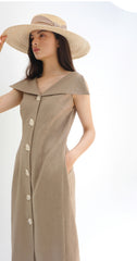 Linen Midi Dress With Wide Collar Neckline And Front Button Closure