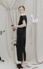 One-Shoulder Asymmetrical Midi Dress in Pure Linen with Side Slit and Modern Drape