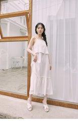 Mid-Length Flared Linen Skirt with Layered Hem and Adjustable Side Ties