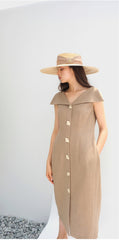 Linen Midi Dress With Wide Collar Neckline And Front Button Closure