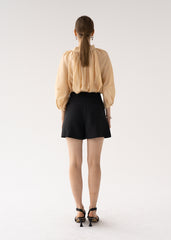 Gathered High-Neck Linen Blouse with Voluminous Sleeves and Relaxed Fit for Modern Elegance